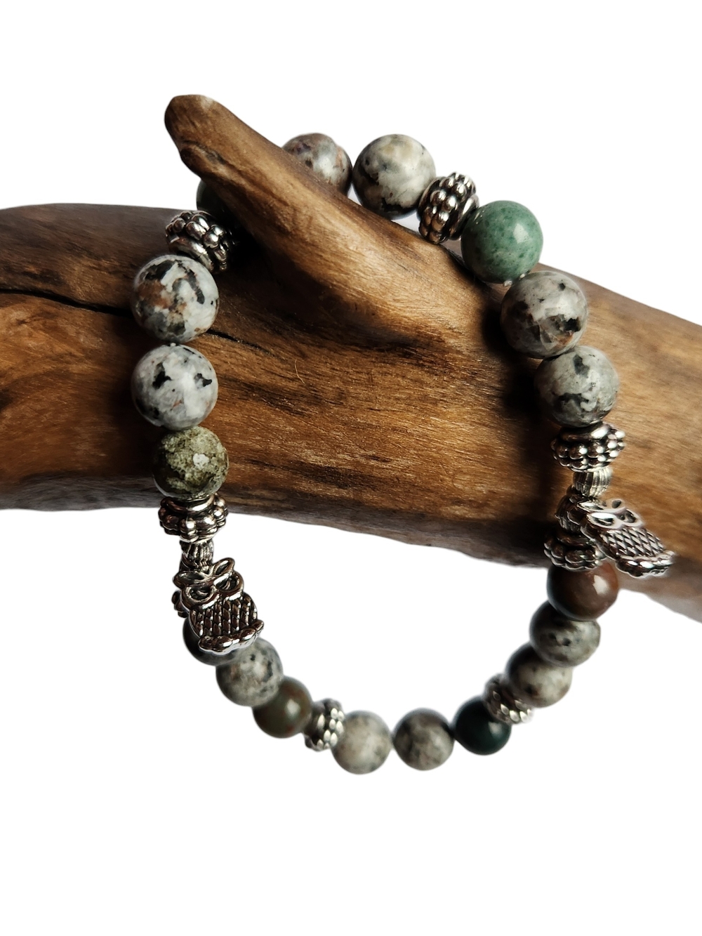 Agate And Yooperlite Beaded Bracelet with Silver Owl Accent
